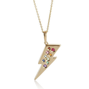 Yellow Gold  Lightening Bolt With Rainbow Gemstones Pendant